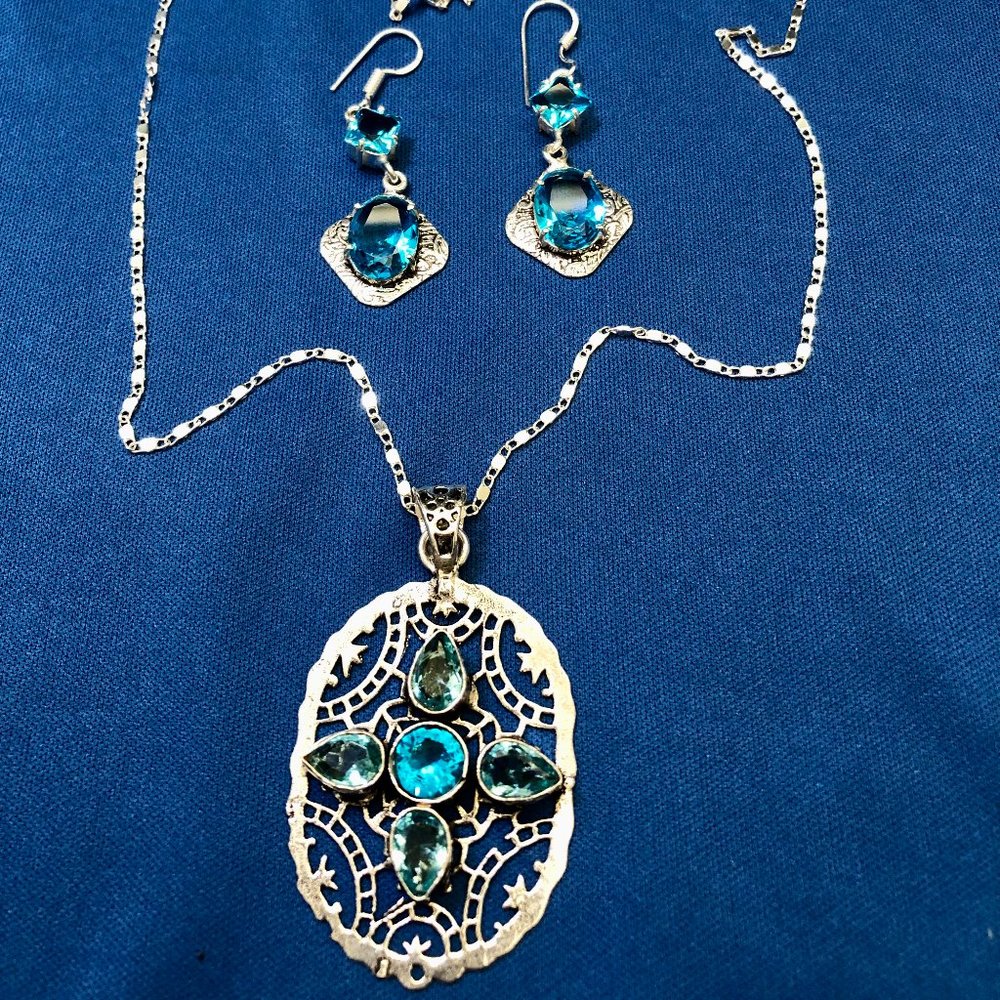Designer Earring + Necklace Set Swiss Blue Topaz Real Gemstone Stamped 925